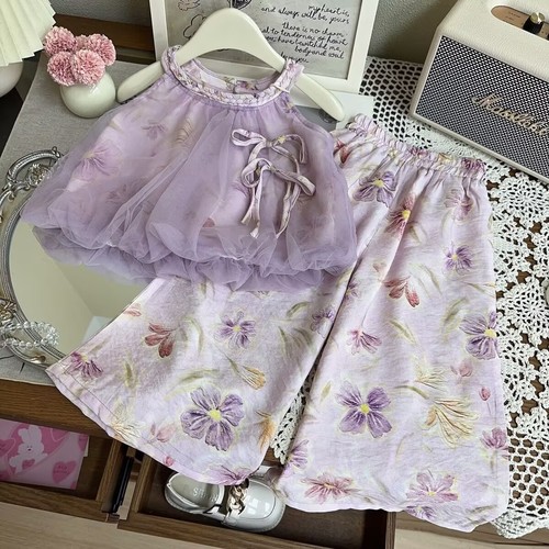 TWO PIECE SUIT GIRL'S WIDE LEG PANTS AND SLEEVELESS SHIRT / GL-0185 - COLOR PURPLE