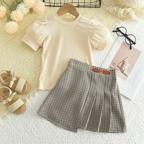 TWO PIECE SET SHIRT AND SKIRT FOR GIRLS / GL-0187 - COLOR BEIGE