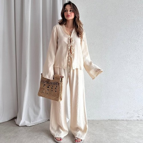 TWO PIECE SUIT WOMEN'S LONG SLEEVE SHIRT AND WIDE-LEG PANTS / WD-0548 - COLOR BEIGE