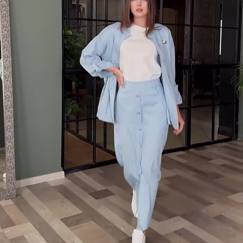 TWO PIECE SUIT LONG SLEEVE SHIRT ANG LONG SKIRT / WD-0549 - COLOR BLUE