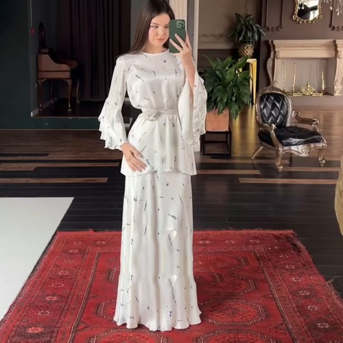 TWO PIECE SUIT LONG SLEEVE SHIRT ANG LONG SKIRT / WD-0551 - COLOR WHITE MATERIAL SILK