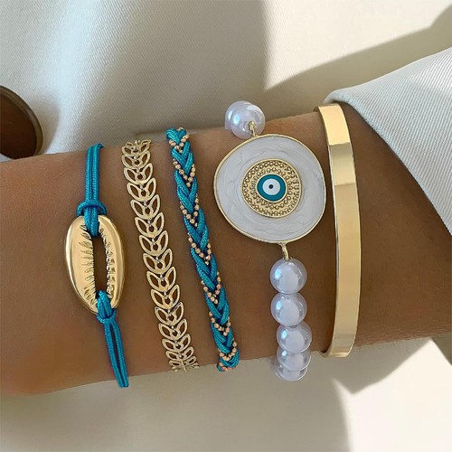 5 PIECE SET ROUND BEAD EYE DESIGN BRACELET / WA-0192 - COLOR BLUE AND GOLD