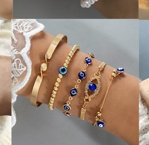 5 PIECE SET ROUND BEAD EYE DESIGN BRACELET / WA-0200 - COLOR BLUE AND GOLD