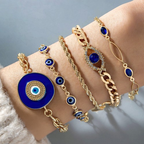 5 PIECE SET ROUND BEAD EYE DESIGN BRACELET / WA-0201 - COLOR BLUE AND GOLD