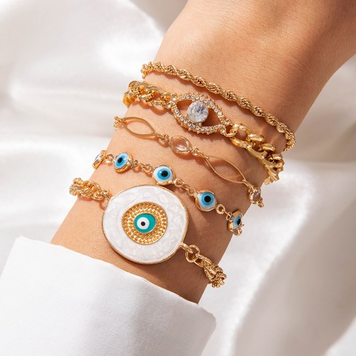 5 PIECE SET ROUND BEAD EYE DESIGN BRACELET / WA-0202 - COLOR WHITE AND GOLD