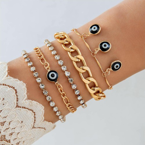5 PIECE SET ROUND BEAD EYE DESIGN BRACELET / WA-0218 - COLOR BLACK AND GOLD