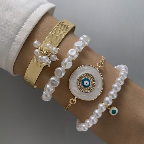 4 PIECE SET PEARL BRACELET / WA-0203 - COLOR WHITE PEARL AND GOLD