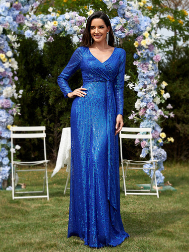 Long-sleeved V-neck Dress / WD-0013 - 2025 new multi-color European and American cross-border hot-selling long-sleeved V-neck fishtail banquet evening dress dress female spot Color: Royal Blue