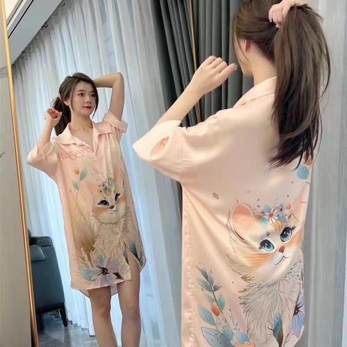 PINK FLORAL SILK NIGHT DRESS / WD-0017 - COLOR: PINK FLORAL