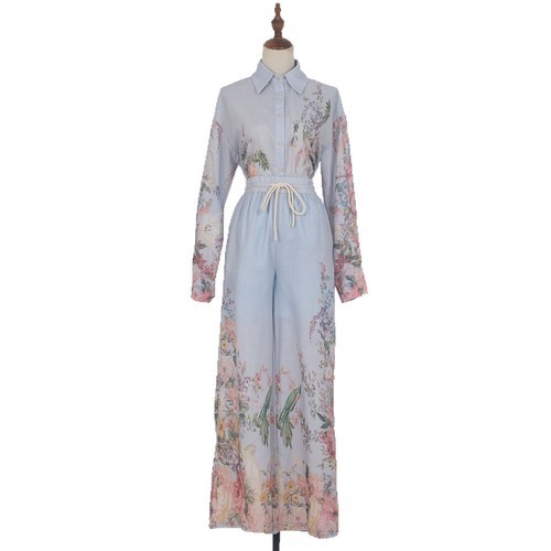 TWO PIECE SUIT LINEN FLOWER PRINT TOPS AND TROUSERS / WD-0566 - COLOR LIGHT BLUE