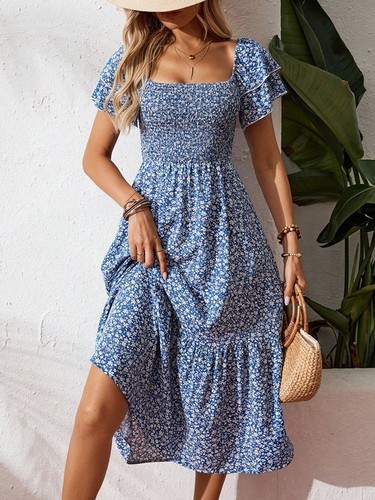 SHORT SLEEVE DRESS / WD-0031 - BLUE FLORAL SHORT SLEEVE DRESS