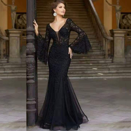 LACE EMBROIDERY FISHTAIL EVENING DRESS / WD-0063 - COLOR: BLACK