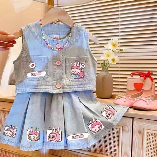 GIRL'S  LABUBU TANK TOP AND SKIRT SET / U28 - COLOR BLUE DENIM