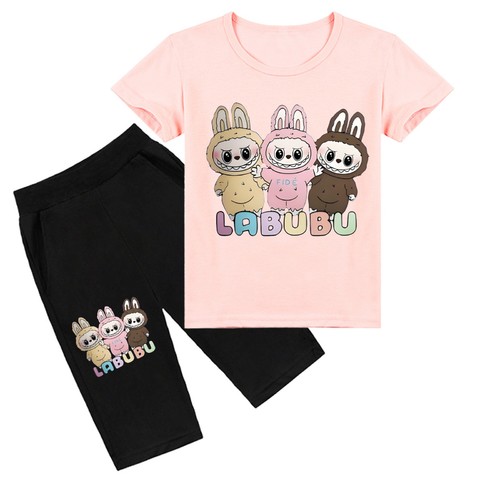 GIRL'S  LABUBU T-SHIRT AND PANTS SET / PEACHPINK U28 - Peach pink color