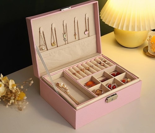 JEWELRY BOX DOUBLE LAYER / WA-0302 - COLOR: PINK SIZE: WIDTH 17CM HEIGHT 8.9CM