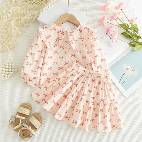 TWO PIECE LONG SLEEVED SHIRT AND SKIRT / GL-0275 / C66 - COLOR BEIGE AND PINK BOW