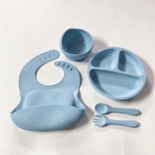 5-PIECE SET SILICONE BABY FEEDING CUTLERY / BB-0111 - COLOR GRAY BLUE