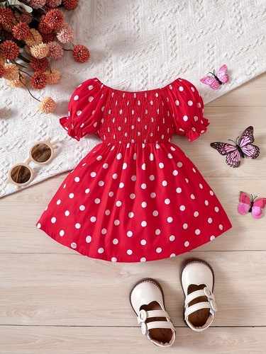 BABY GIRL SUMMER PUFF SLEEVE DRESS BB-0114 / C18 - COLOR RED SIZE 9-12 MONTHS