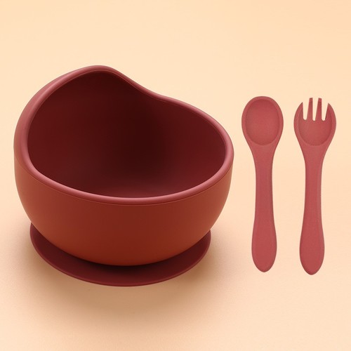 3-PIECE SET SILICONE SNAIL BOWL, SPOON AND FORK FO BABY / BB-0151 - COLOR BRICK RED