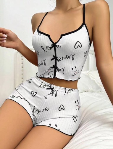 WOMEN'S PAJAMA 2-PIECE SET / WD-0615 / F149 - COLOR: WHITE + SMILEY FACE