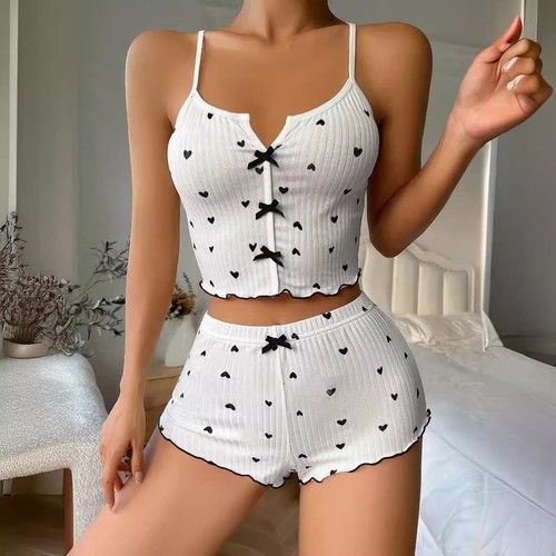 WOMEN'S PAJAMA 2-PIECE SET / WD-0616 / F149 - COLOR: WHITE + BLACK HEART