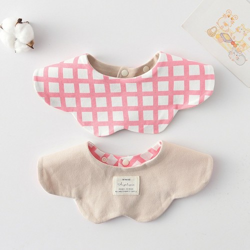 DOUBLE SIDED BABY BIB / BB-0185 - COLOR PINK GRID AND BEIGE