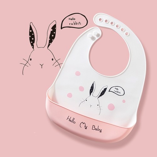 SILICONE BABY BIB / BB-0190 - COLOR POLKA DOT BUNNY