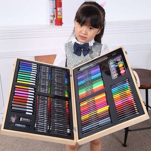COLORS WOODEN BOX / SC-0038 / S161 - BRUSH SET WATERCOLOR CRAYONS, OIL PASTEL