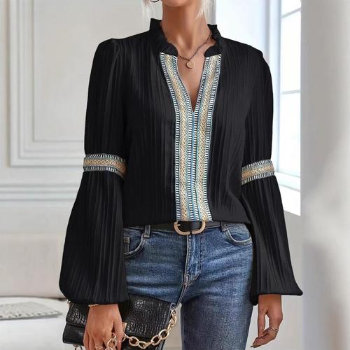 BLOUSE WD-0844 / S695 - LACE-TRIM LANTERN V-NECK BLOUSE