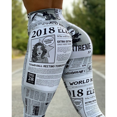 HIGH WAIST LEGGING WOMEN'S SPORTWEAR SF-0063 / S691 - HIGH WAIST NEWS PAPER PRINT BUTT LIFTING PANTS ACTUAL COLOR: COMBINATION OF GRAY AND PURPLE