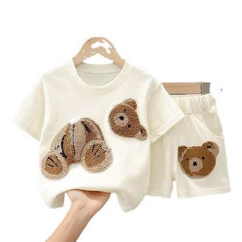 TWO PIECE CARTOON PATCH DESIGN TOP AND SHORT / GL-0227 - COLOR BEIGE