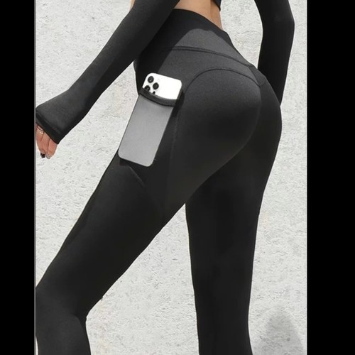 HIGH WAIST FITNESS PANTS FOR WOMEN / SF-0044/S260 - COLOR BLACK WITH SIDE POCKET