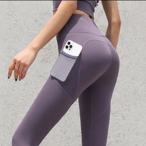 HIGH WAIST FITNESS PANTS FOR WOMEN / SF-0046/S260 - COLOR DARK VIOLET WITH SIDE POCKET