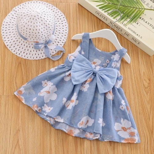BABY GIRL DRESS / BB-0247/ S400 - 1pc blue dress / 1pc white hat