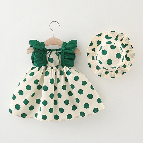 BABY GIRL DRESS / BB-0249 / S400 - Green Polka dot dress with hat