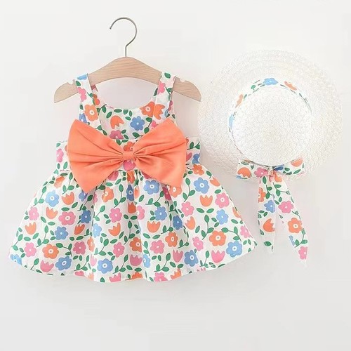 BABY GIRL DRESS / BB-0250 / S400 - Dress with orange ribbon and hat