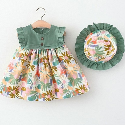 BABY GIRL DRESS / BB-0252 / S400 - Floral green dress with hat 80cm