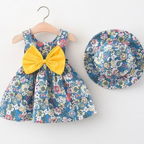 BABY GIRL DRESS / BB-0255 / S400 - Blue dress with yellow ribbon and hat