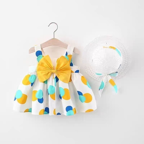 BABY GIRL DRESS / BB-0262 / S400 - Polka dot dress with yellow ribbon and hat