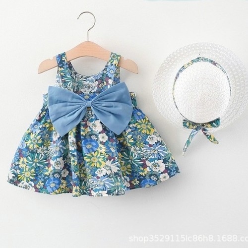 BABY GIRL DRESS / BB-0267/ S400 - Blue floral dress with hat