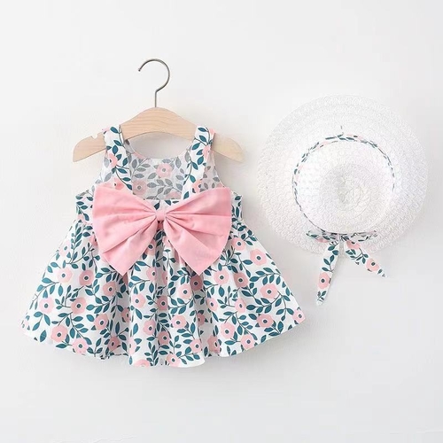 BABY GIRL DRESS / BB-0268 / S400 - Floral dress with pink ribbon and hat