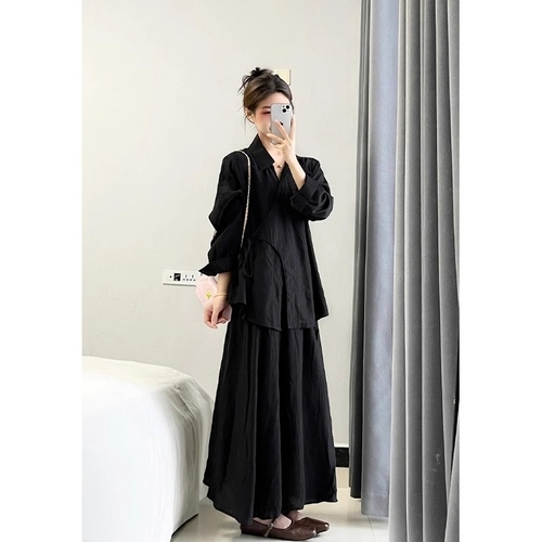 LONG SLEEVE SHIRT AND SKIRT SET / WD-0699 / F197 - COLOR BLACK SIZE MEDIUM