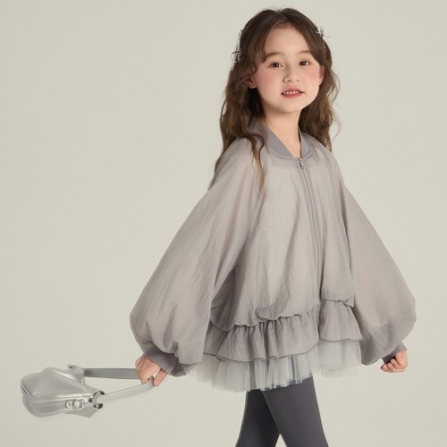 GIRL'S BOMBER-STYLE JACKET / GL-0351 / K143 - light gray jacket-ruffled and layered hem