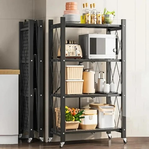 FOLDABLE KITCHEN RACK / KN-0454 / F281 - 4 LAYER MULTIFUNCTION MOVABLE STORAGE RACK.  COLOR: Black Size: 71*34*125cm