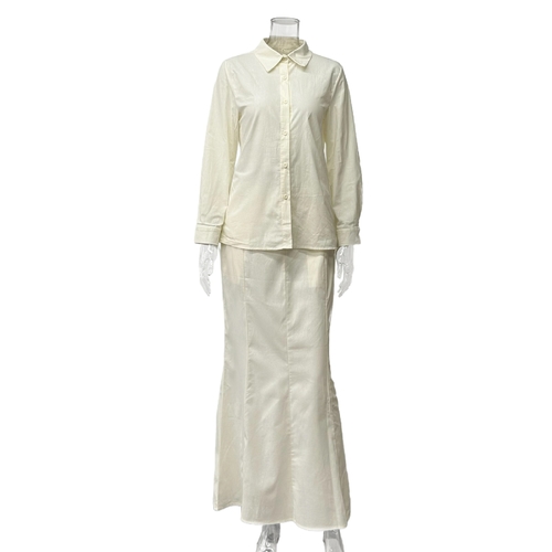 LONG SLEEVE SHIRT AND HIGH WAISTED SKIRT 2-PC SET / WD-0880 / C44 - Color: cream