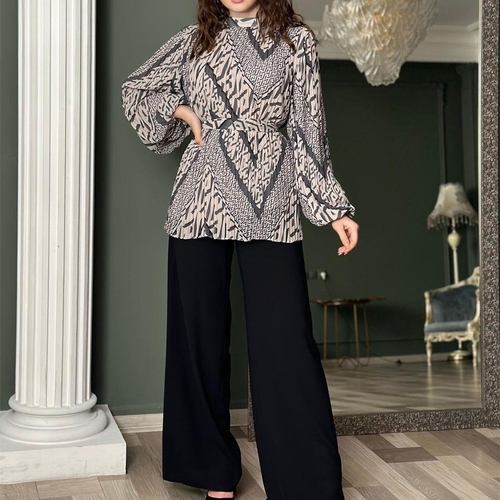 WOMEN'S PUFF SLEEVE SHIRT & HIGH WAISTED WIDE LEG PANTS SET / WD-0881 / C48 - Blouse design: geometric/abstract pattern