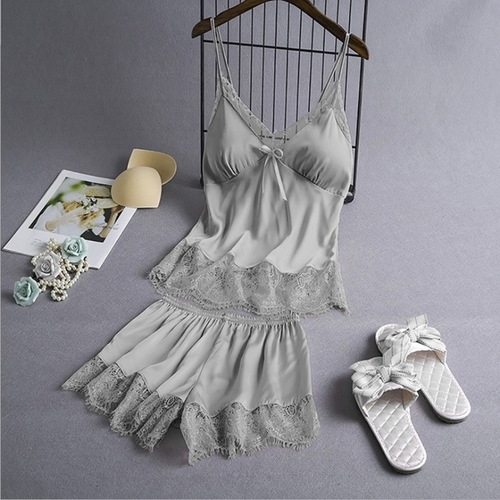 SATIN LACE SUIT NIGHTDRESS / WD-0883 / K141 - Gray