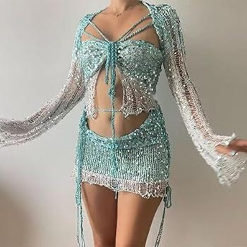THREE-PIECE SEQUINED KNITTED SWEATER SET / BLUE GREEN U04 - Crochet outfits for women