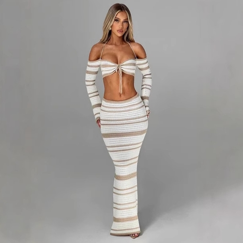 STRIPED LONG-SLEEVE HALTER TOP AND SKIRT TWO-PIECE SET / U06/U347 - Striped-whitebrown