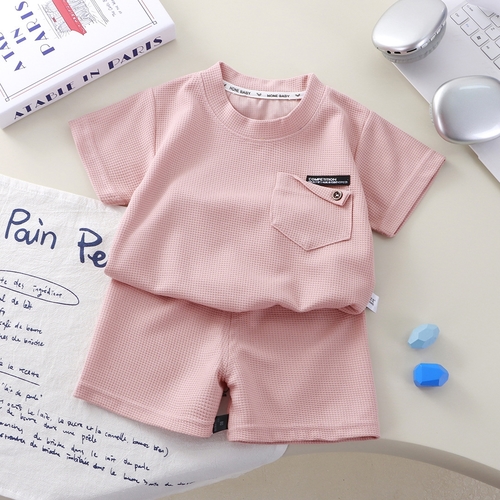 CHILDREN'S WAFFLE PATTERN CASUAL TWO-PIECES SET / PINK S879 - T-shirt and short set Color: pink